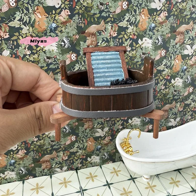 

1/12 Scale Miniature Wooden Barrel Washboard Brush Three-Piece Set for Dollhouse Laundry Scene Micro Landscape