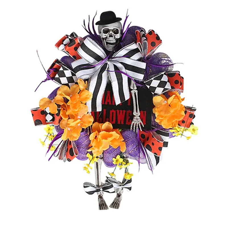 

Венок ABHI-Halloween для входной двери, сетчатый венок на Хэллоуин, тыква и человеческий скелет с ногами, забавный декор для крыльца на Хэллоуин