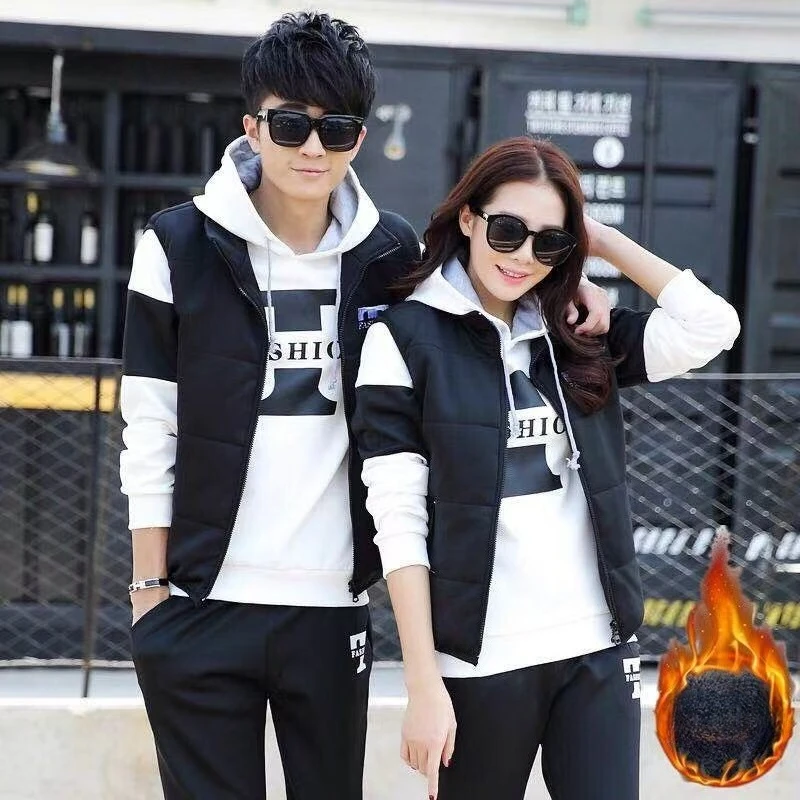 

3 Pieces Set Hoodies+Vest+Pants Casual Track Suit Clothing Coats Winter Thick Warm Tracksuit for Couple Printed Mens Set Vest