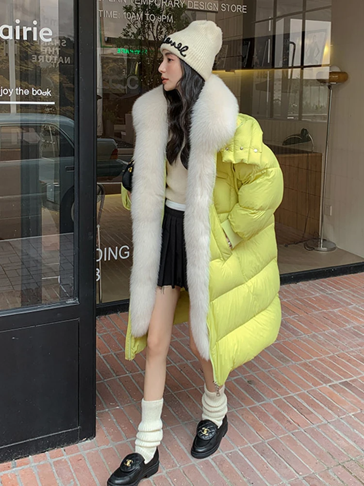 Women Puffer Jackets Natural Real Fox Fur Collar Thick Warm Long Goose Down Jackets Winter Coat Female Outwear