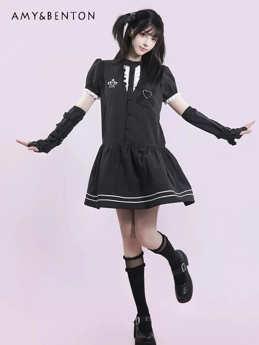 

Gothic Lolita A-Line Dress Women Summer Preppy Style Black Gray Striped Ruffle Trim Heart Embroidered Puff Sleeve Mini Dress