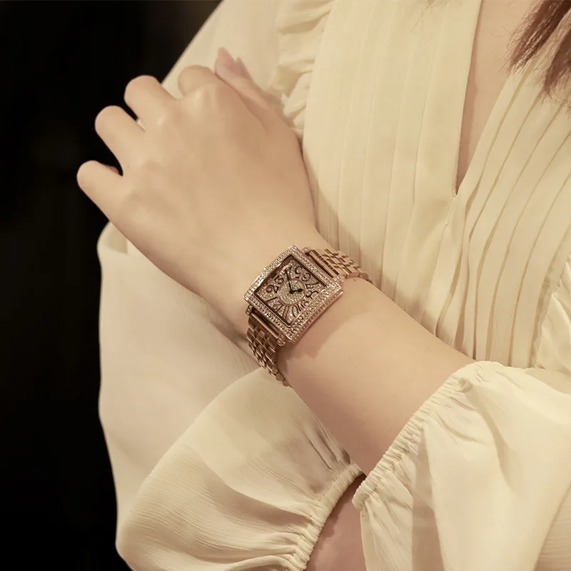 ساعة نسائية كلاسيكية مربعة ، الماس الكامل ، عالية الجودة ، الكوارتز ، الفاخرة ، العلامة التجارية العليا ، الأصلي ، مثلج خارج ، الفولاذ المقاوم للصدأ ، على مدار الساعة