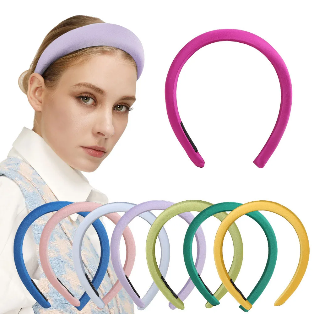 

New Padded Headband Satin Silk Shiny Fabric Wide Cross Puffy Sponge Hair Rope Solid Color Hairband Girls Women Hair Accessories