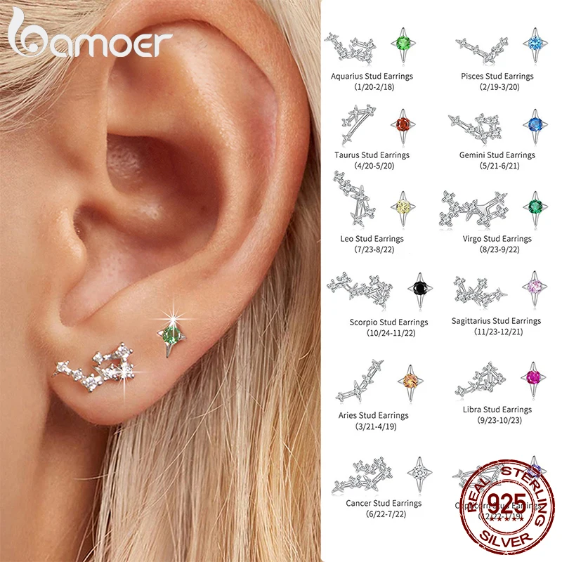 Bamoer-pendientes originales de Plata de Ley 925 con forma de estrella del zodiaco, Acuario, Tauro, Virgo, circonita para mujer y niña, regalos de joyería fina para boda