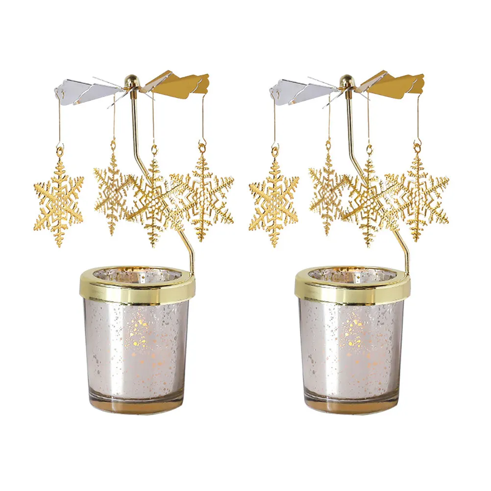 2Pcs Rotating Candlestick Snowflake Style Golden Decor Romantic Luxury Horse Light Wedding Birthday Party Dinner Table Ornament