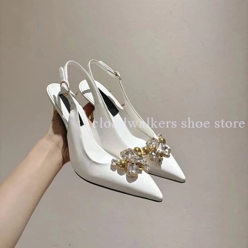 Women's Genuine Leather Pointed Toe Pumps Exquisite Rhinestone Bead Decor Upper Metallic Sexy Stilettos Fashion Versatile Pumps