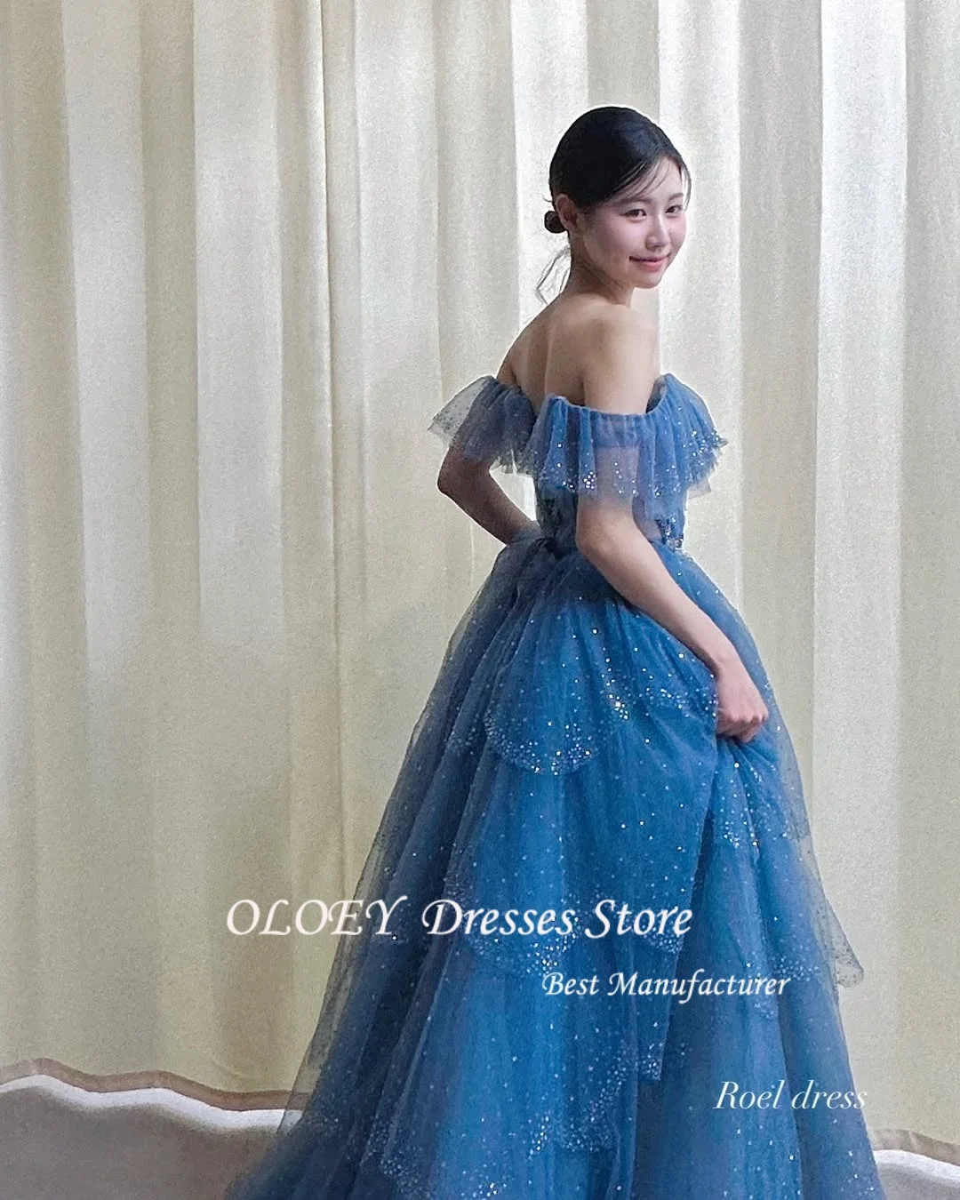 OLOEY boda azul gris cuentas en capas elegante bonito vestido de novia de Corea sesión de fotos personalizado hasta el suelo kurs