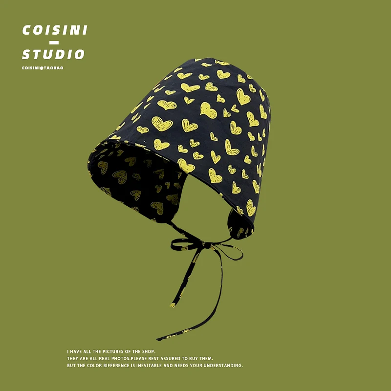

New Korean Love Graffiti Printing Strap Bucket Hat Spring and Summer Travel Sunshade Fashion Wide Brim Sun Cap for Women's