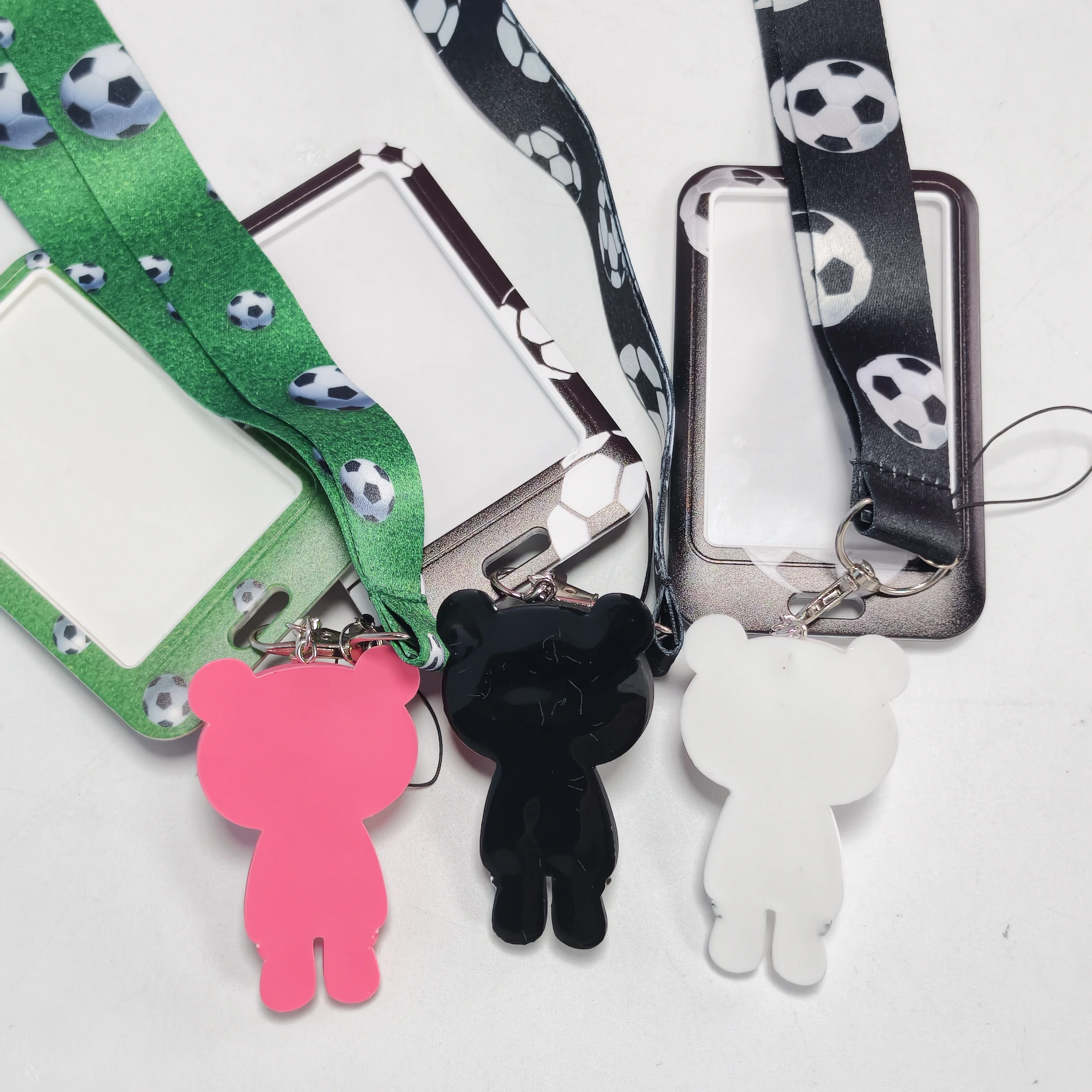 Soccer Print Lanyard with Bear Charm ID Card Holder, Cute Cartoon Badge Reel with Neck Strap, Student Work Card Protector Gift