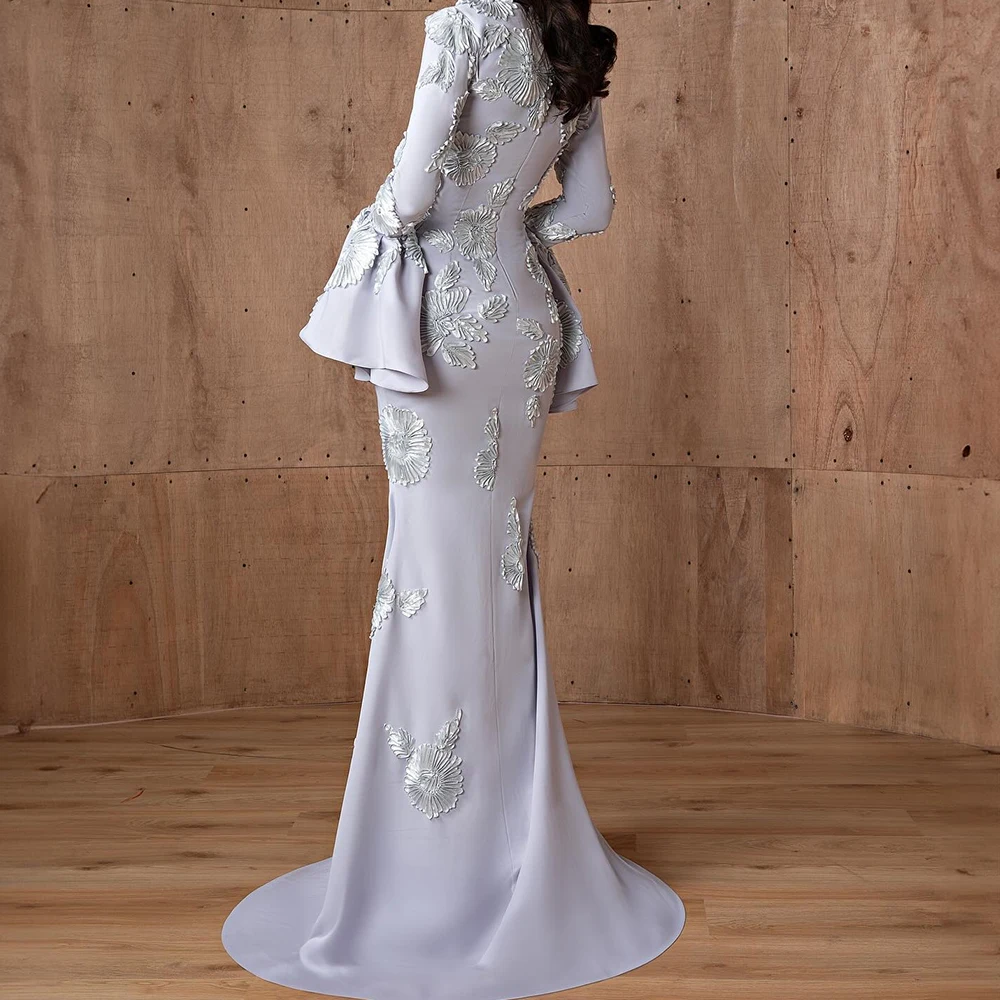 Customized Exquisite Jersey Mermaid Appliques Evening Dress O-Neck Flare Sleeves Long Sleeves Sweep Train Vestidos de fiesta