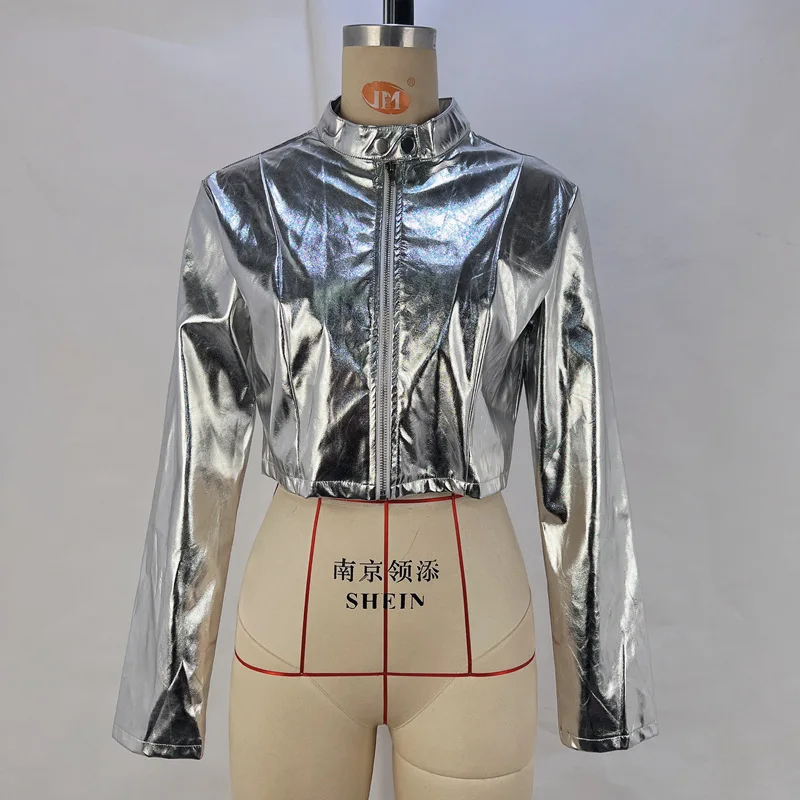 Modische PU-Lederjacke in Metallic-Farben für Damen, Herbst-Winter, Reißverschluss, Stehkragen, Bikerjacke, Street Style, Slim Fit, kurz