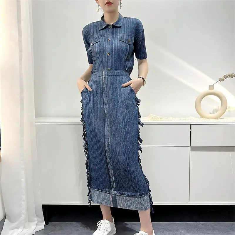 ALSEY Miyake Pleated Denim Suit Autumn New Short Sleeves Coat + High Waist Casual Pants Fashion Two-Piece Suit Female Clothings