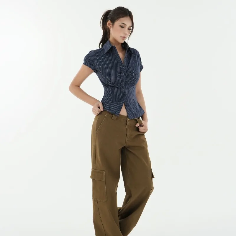 

Винтажная полосатая рубашка с коротким рукавом, женская летняя рубашка 202, облегающие укороченные топы с лацканами на талии Y2k, эстетичная пикантная блузка для девочек