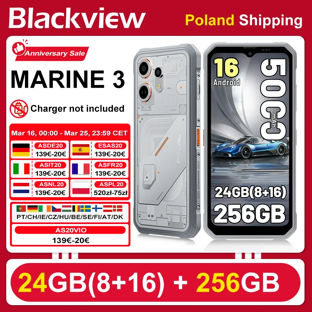 [Shipping From Poland] [No EU charger ]Blackview OSCAL MARINE 3 24GB(8+16)+256GB Rugged Smartphone 6.56" HD 5000mAh Android 16