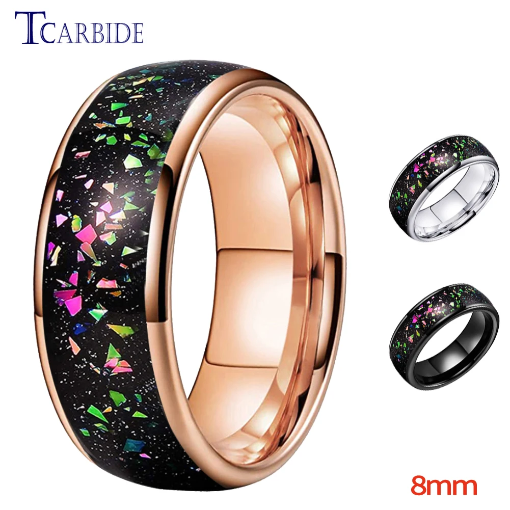 8mm Men Women Tungsten Carbide Ring With Galaxy Series Opal Inlay Domed Polished Wedding Band Jewelry