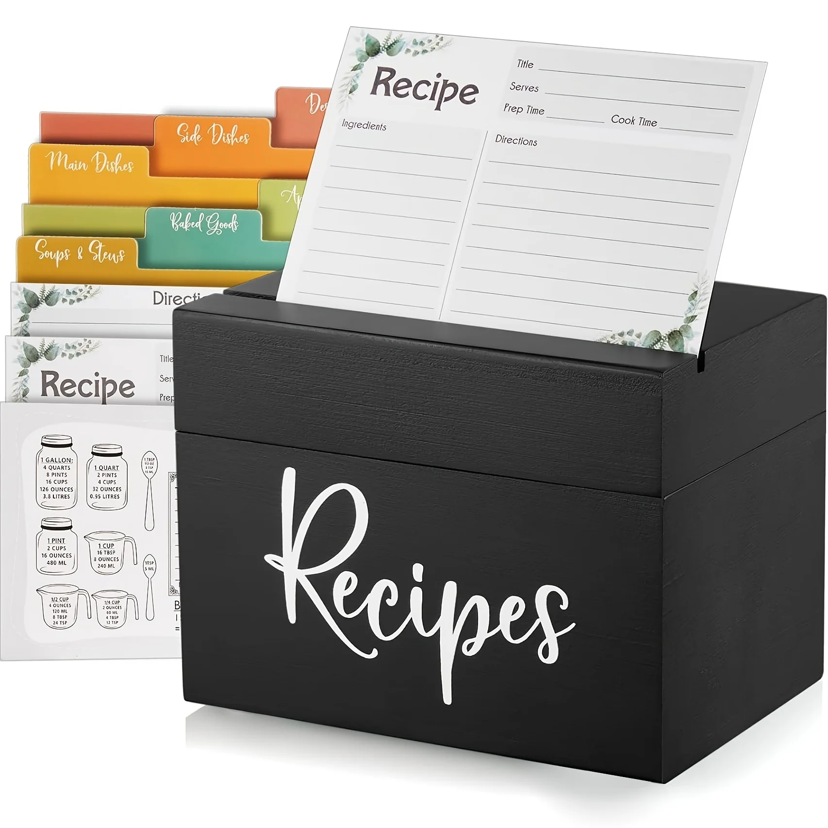 Caja de recetas, tarjetas Recipe con 50 tarjetas y 6 divisores y 1 tarjeta de conversión, protectores de tarjetas, juego organizador de cajas de madera rústica, caja bonita para