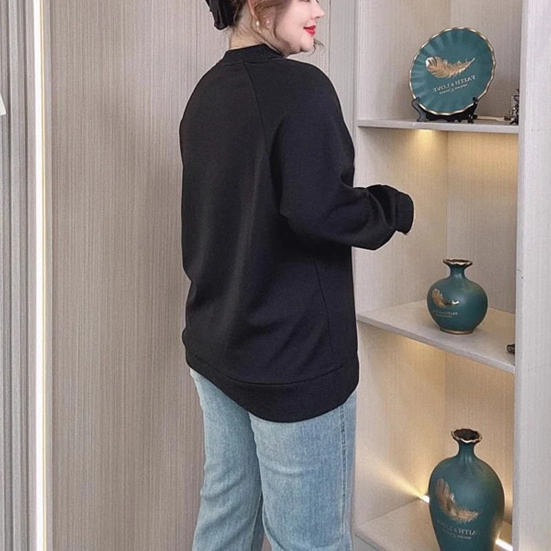 Felpa da donna con stampa grafica O-Collo taglie forti 2025 Primavera/Autunno Pullover casual vestibilità ampia Top in misto cotone morbido Abbigliamento da salotto