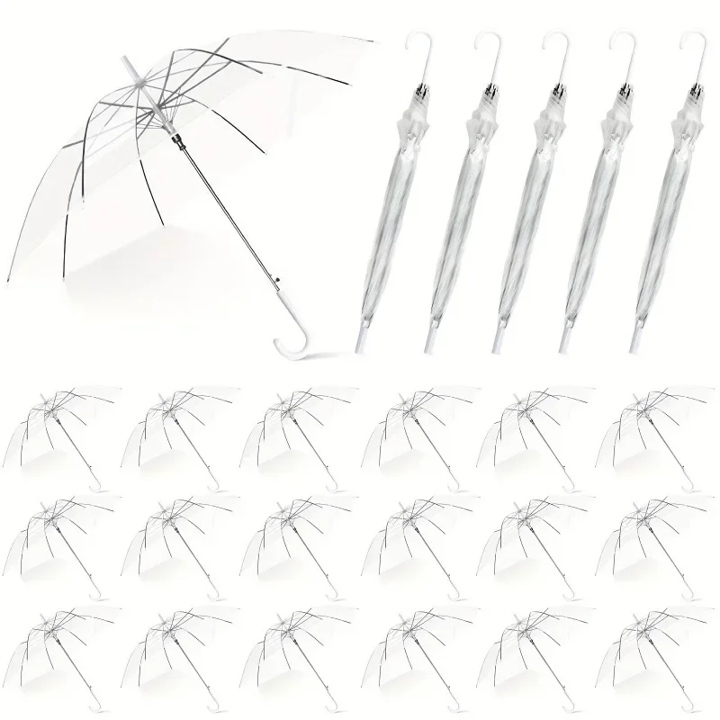 20pcs Wedding Transparent Umbrellas Bulk Clear Automatic Open Umbrellas Party Pack Valance Umbrellas with White J Hook Handle