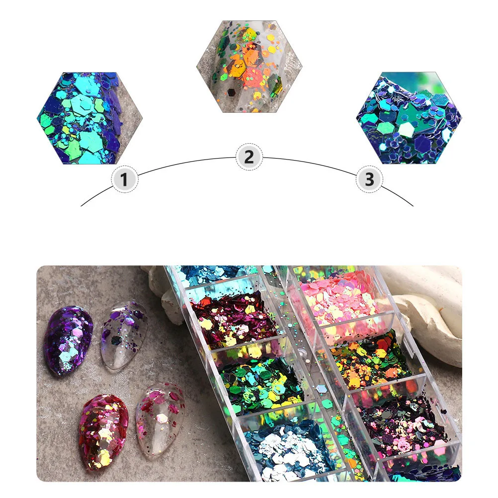 1 صندوق مسحوق لامع على شكل الحرباء ثلاثي الأبعاد لفن الأظافر تأثير لامع DIY مانيكير ديكور مسحوق الصالون أو الاستخدام المنزلي