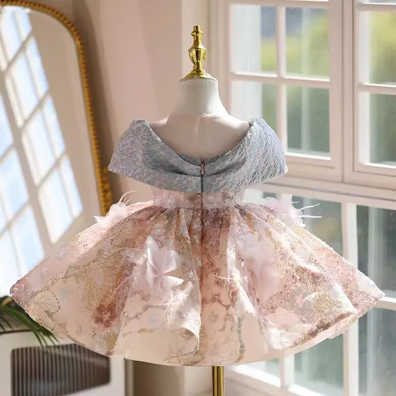 高級アラブフラワーガールドレス膝丈レース子供プリンセス誕生日結婚式パーティー子供休日イブニングドレス J539