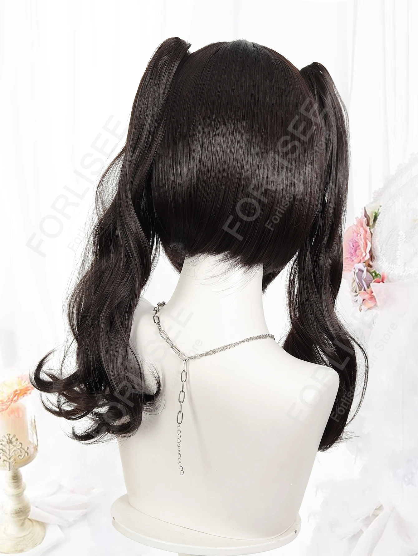 Dubbele paardenstaart Krullend haar Synthetisch Lolita Krullend haar met pony Donkerbruin Anime Pruik Oberl Vrouw Party Cosplay Pruik ﻿ LM