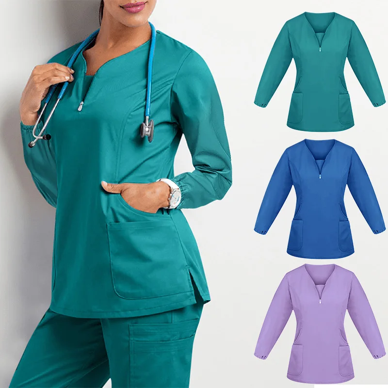 Fashion Nurse Uniform Elastic Breathable Spandex Slim Tops Long Sleeve Lab Overalls Scrub Clothes Women Beauty Salon Accessories