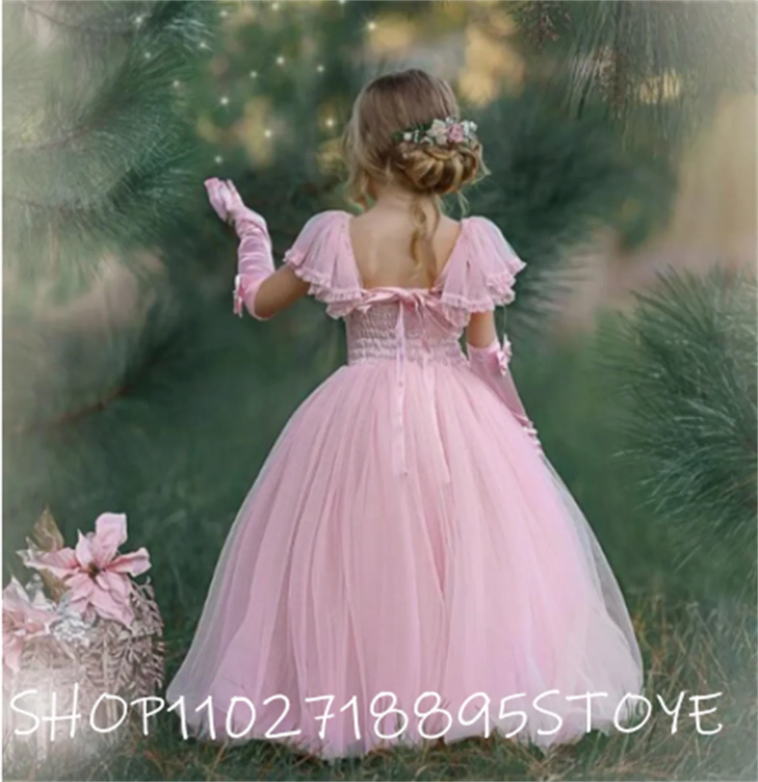 

Sweet Pink Flower Girls Dresses Wedding Party Gown for Girls Floral Lace Floor Length Girls First Communion Gowns