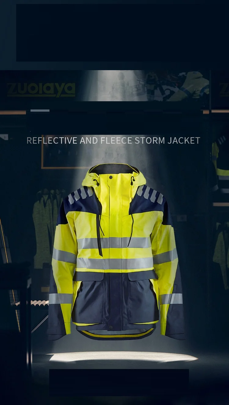 3In1 High Visibility Reflective Cycling Fleece Inside Jacket Winter Stripe Patchwork Hooded Overcoat Hi Vis Safety Work CLothing