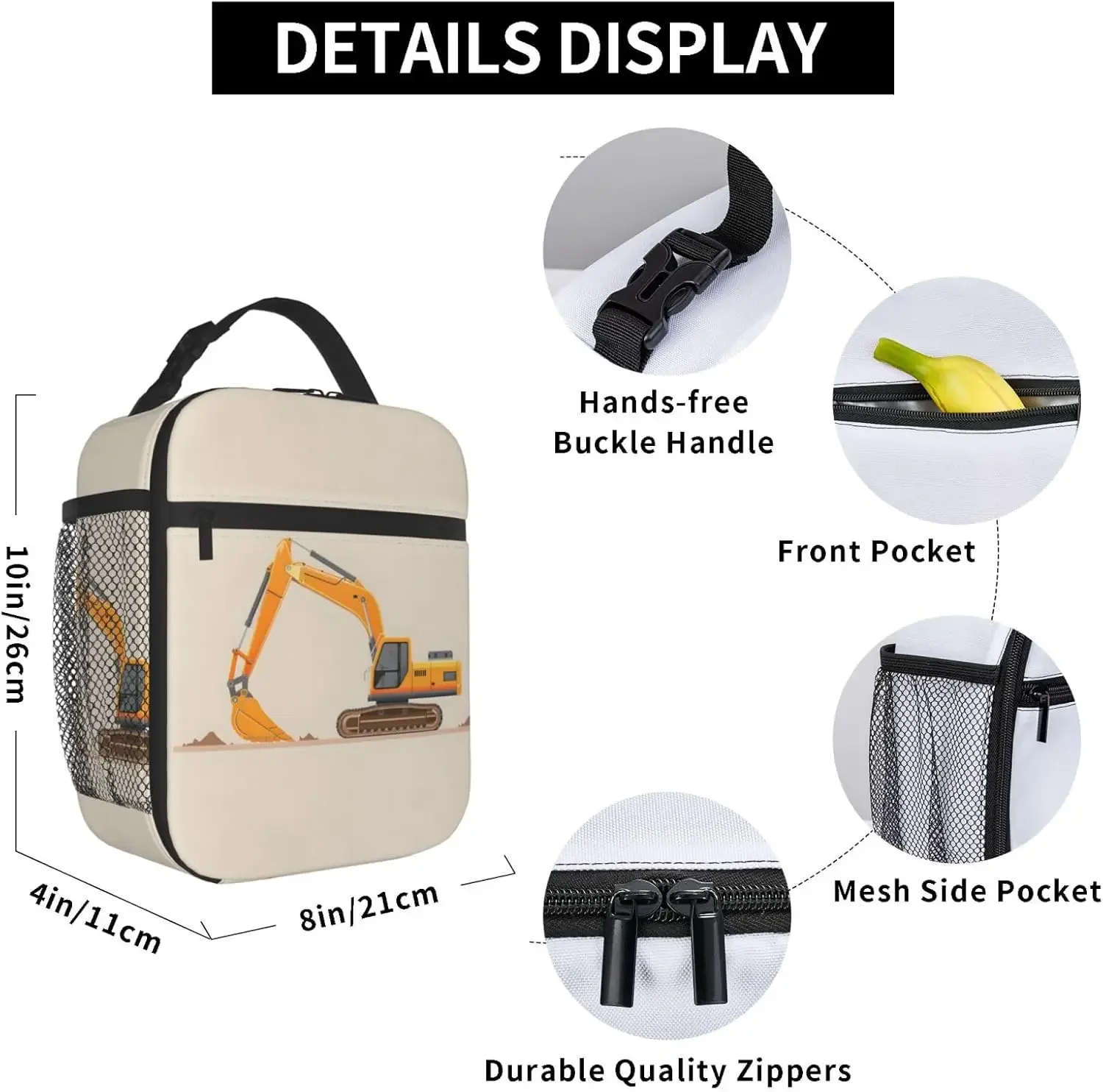Reusable Lunch Bag for School, Office, Work, Picnic, Travel, Excavator Lunch Box