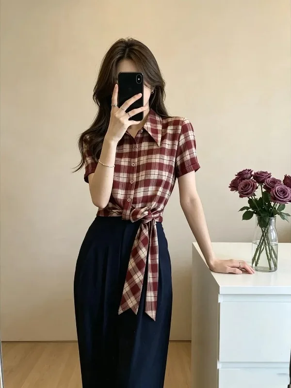 

Summer Slimming Red Plaid Short Sleeve Shirt Women's plus Size American Retro Style Belted Top Trendy Commute Style Korean Ve...