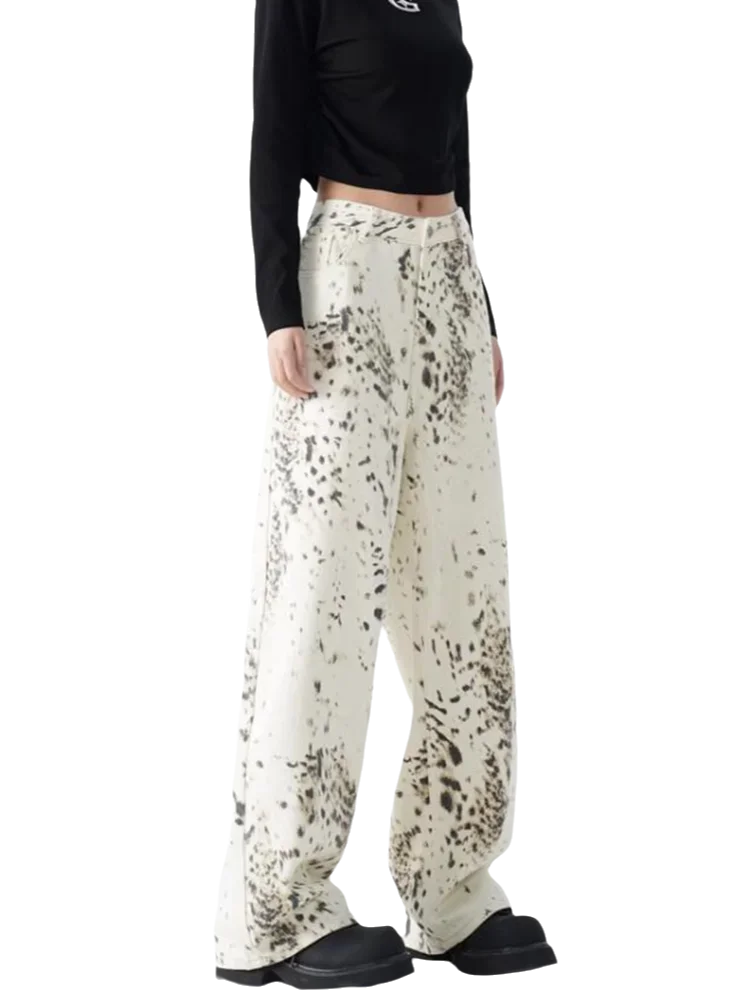 Casual Loose Slim High Waist Woman Jeans Leopard Pattern Fashion Street Women Jeans Simple Basic American Retro Wide Leg Pants