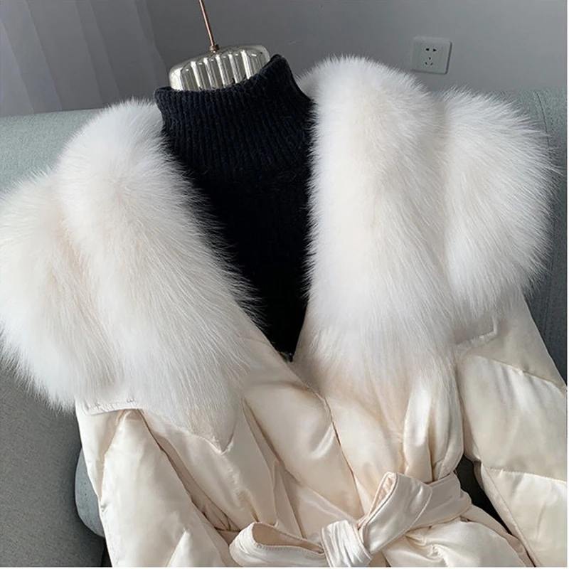 2024 Winter Faux Fur White Duck Down Jacket Women\'s Medium to Long Fashion Light Luxury Coat Pocket Big Fur Collar Ovcercoat