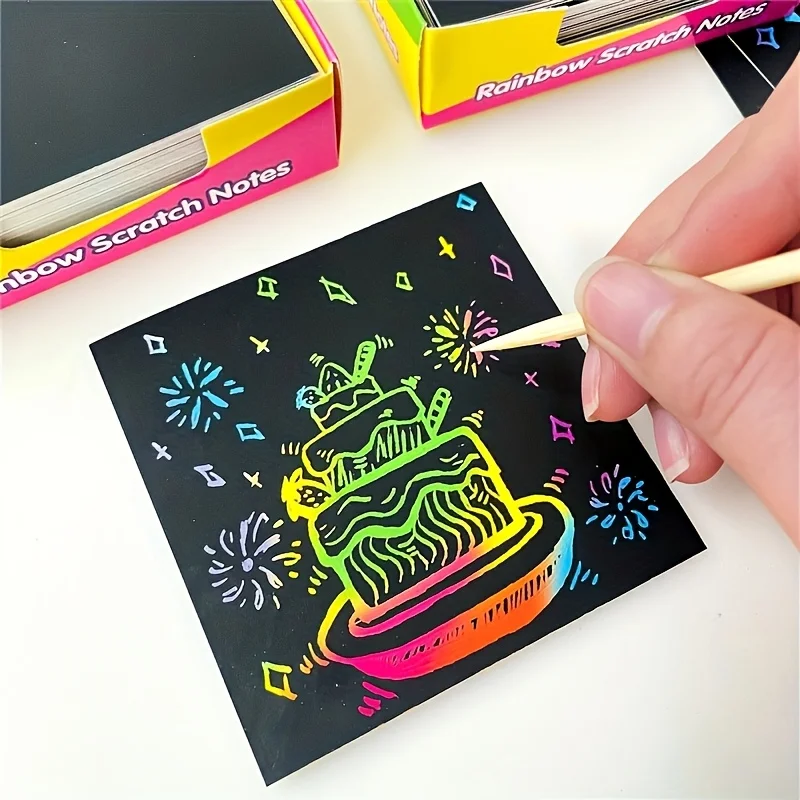 100pcs Rainbow Scratch Art Notes Unleash Hidden Designs Vivid Colors Black Card Creative Painting Cards Birthdays Handmade Gifts