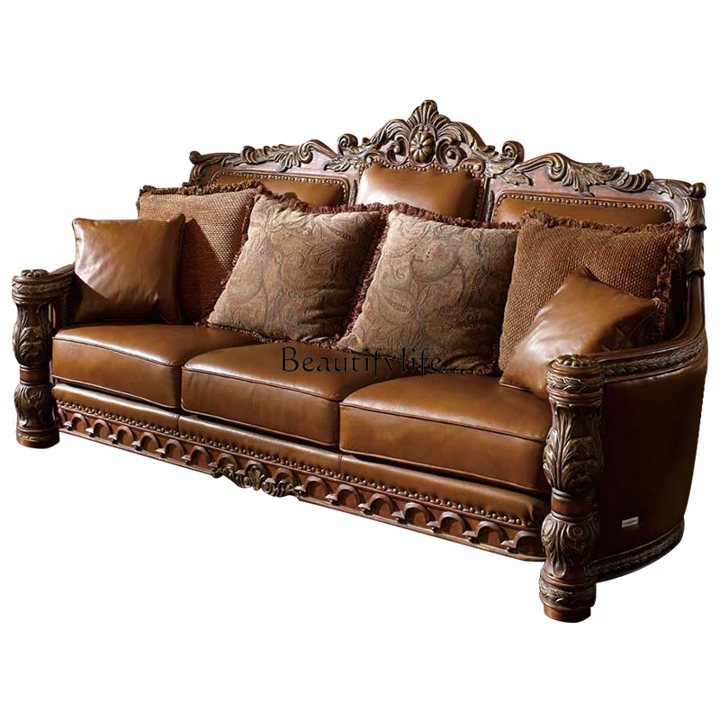 

European solid wood sofa combination high-end old American retro leather sofa