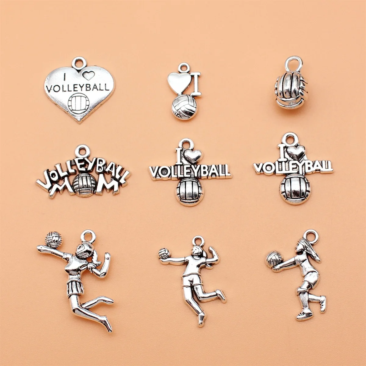 9pcs Antique Silver Color Volleyball Charms Collection For DIY Jewelry Making, 9 Styles, 1 of Each