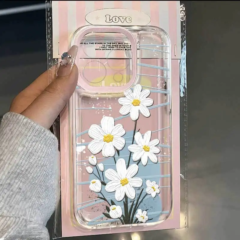 

Korean Ins Graffiti Daisy Phone Case For iPhone 16 Pro Max 15 14 13 12 11 Pro 7 8 Plus Y2K Creative Shockproof Back Cover