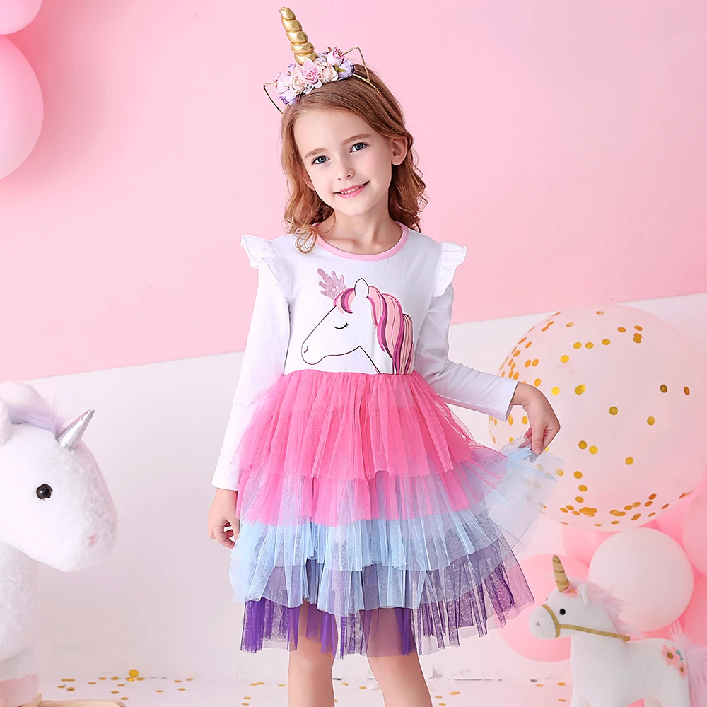 Langarm-Herbst- und Frühlingskleid für Mädchen mit Einhorn-Aufdruck und gestuftem Tüll-Mesh-Tutu-Rock für Kinder, glitzernde Prinzessinnenkleider mit Farbverlauf – Detail 2