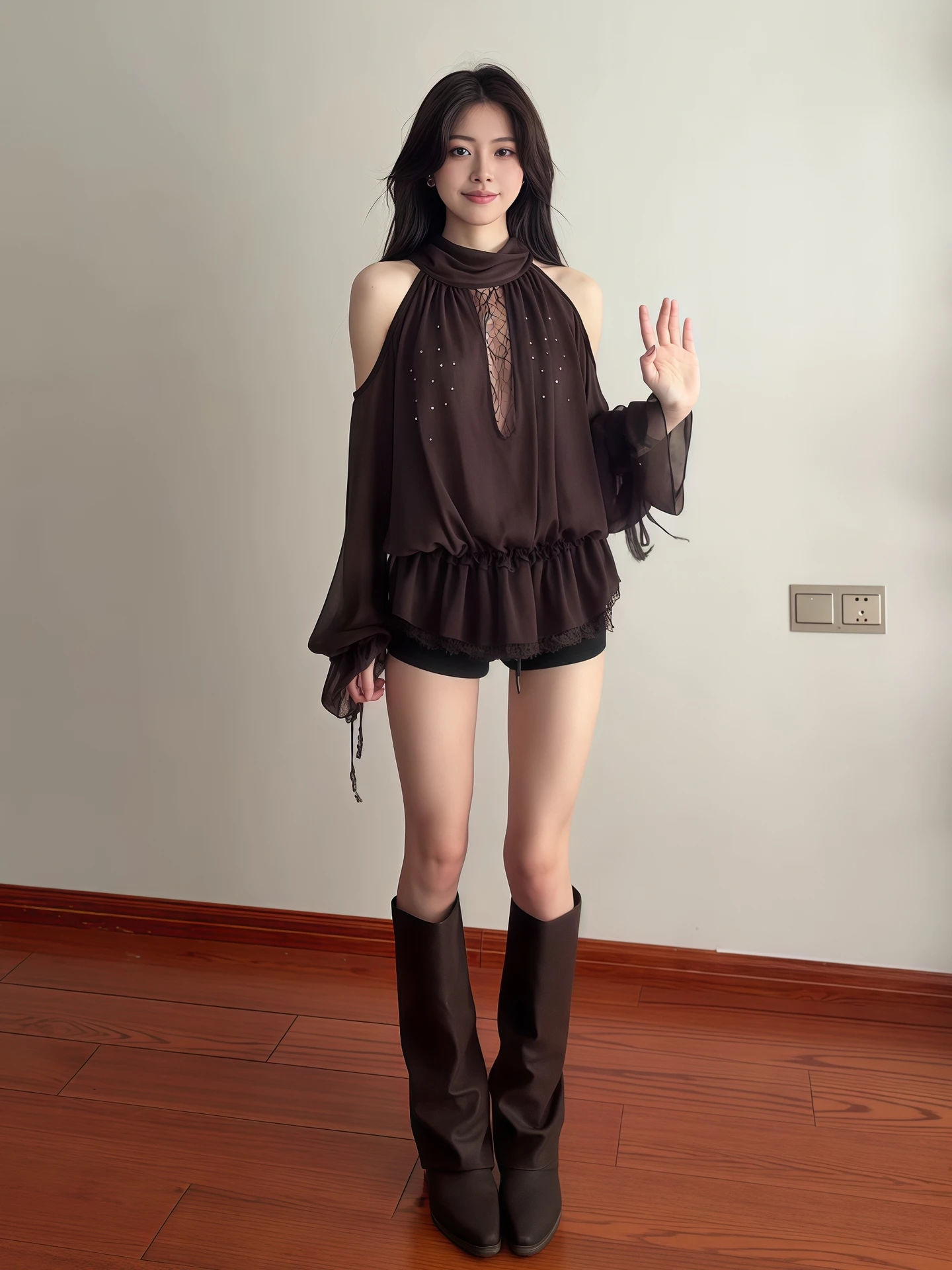 Pure Desire Spicy Girl Hollow out Shoulder Lace Spaghetti Strap Bubble Sleeve Waist in Women's Casual Style Long Sleeve T-Shirt