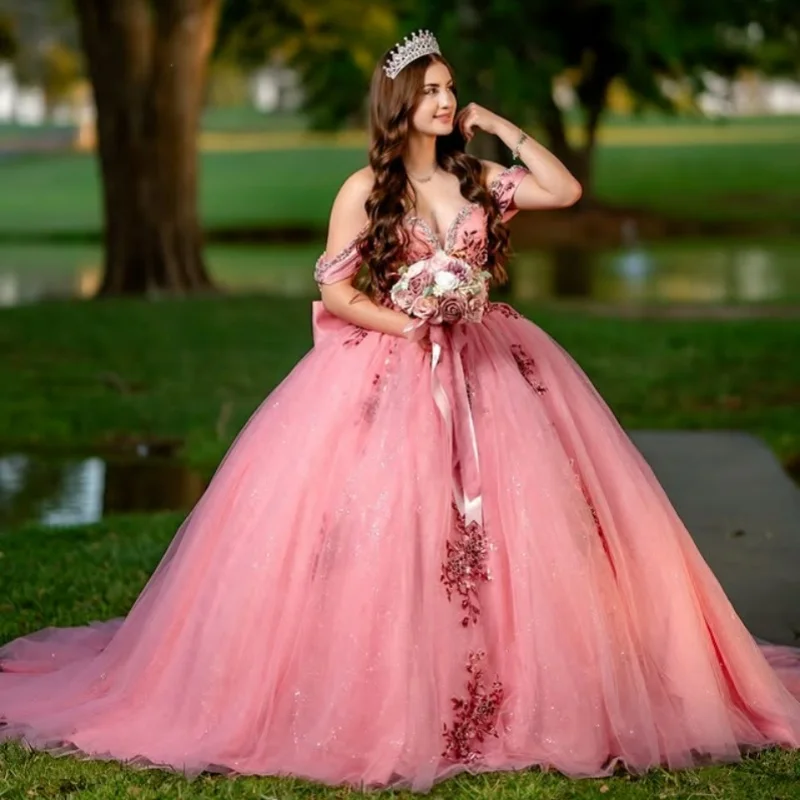 

Customized pink Off Shoulder Quinceanera Dress Tull crystal flower layering applique Bow vestidos de 15 Quinceanera