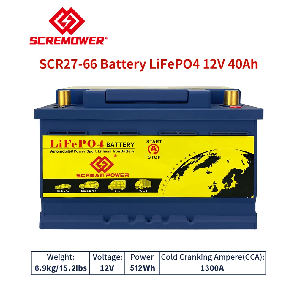 SCR27-66 batteria di avviamento per auto 12V 40AH LiFePO4 512Wh CCA1300A BMS 200A integrato con maniglia per suv per auto berlina-camion per autobus