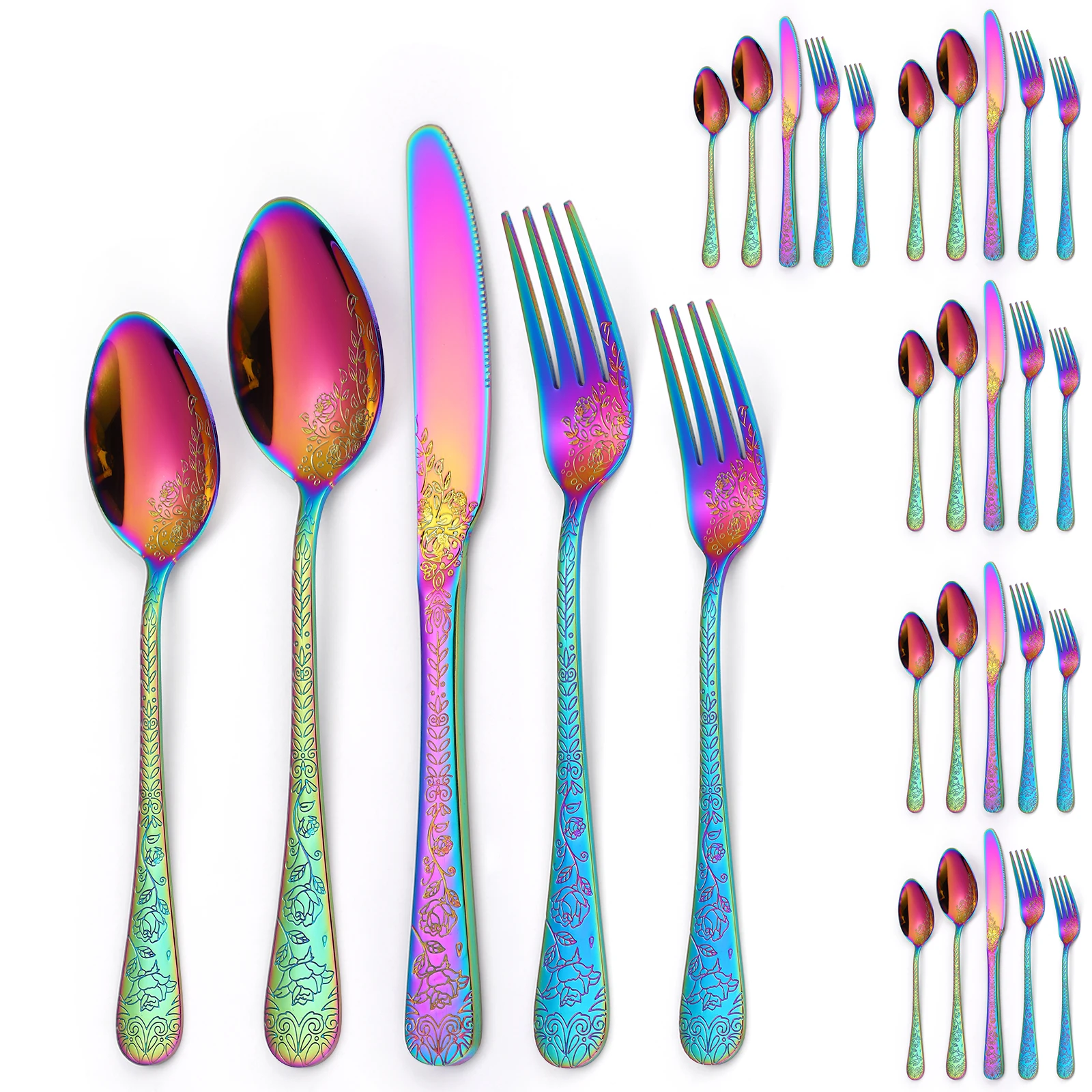 

A · HOUSEWARE Embossed Flatware Set Rainbow 30 Piece Stainless Steel Silverware for 6 Cutlery with Floral Design Eating Utensils