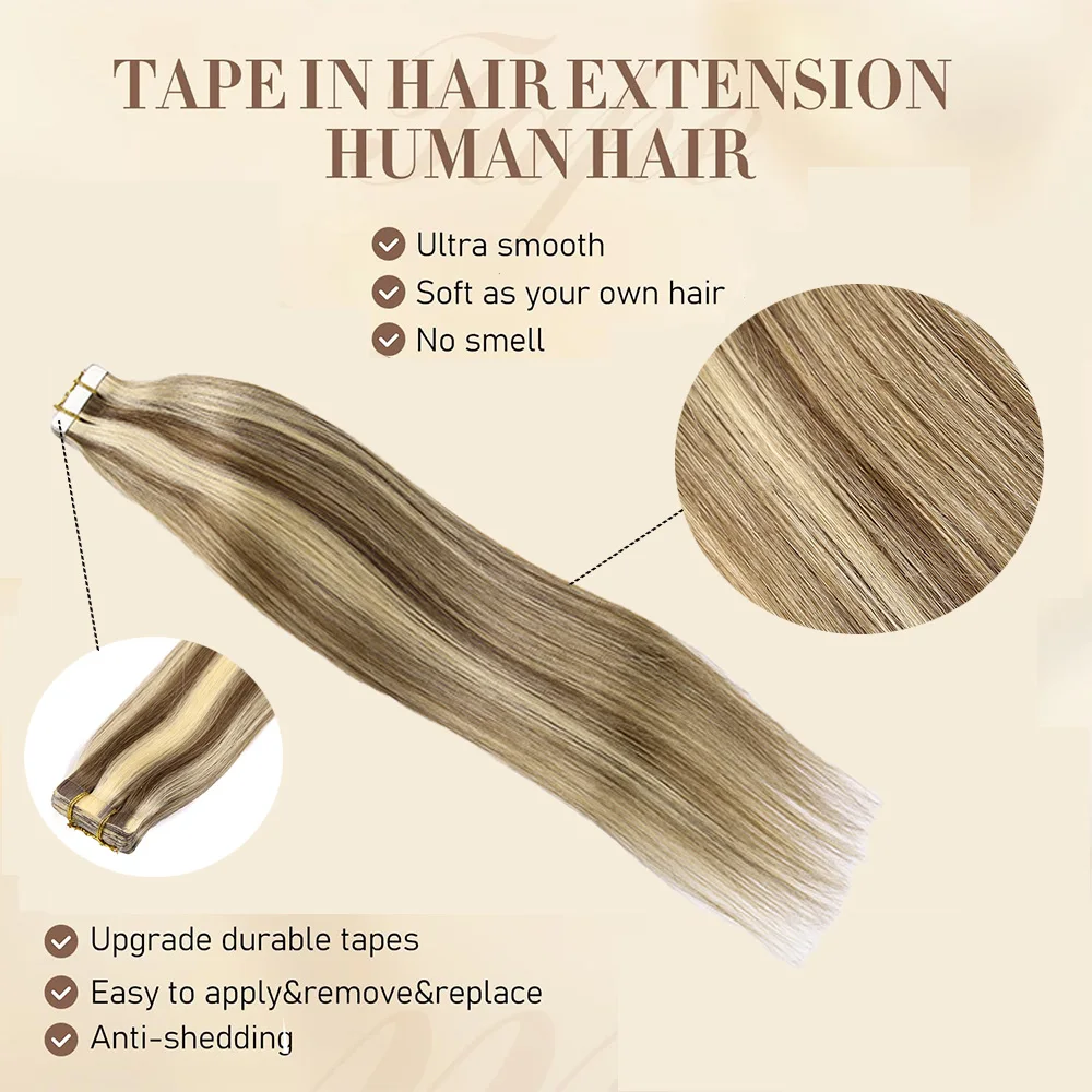 Rechte Tape In Hair Extensions Menselijk Haar Blond Gemarkeerd Naadloze Tape In Extensions Asbruin Tot Platinablond # P8/60