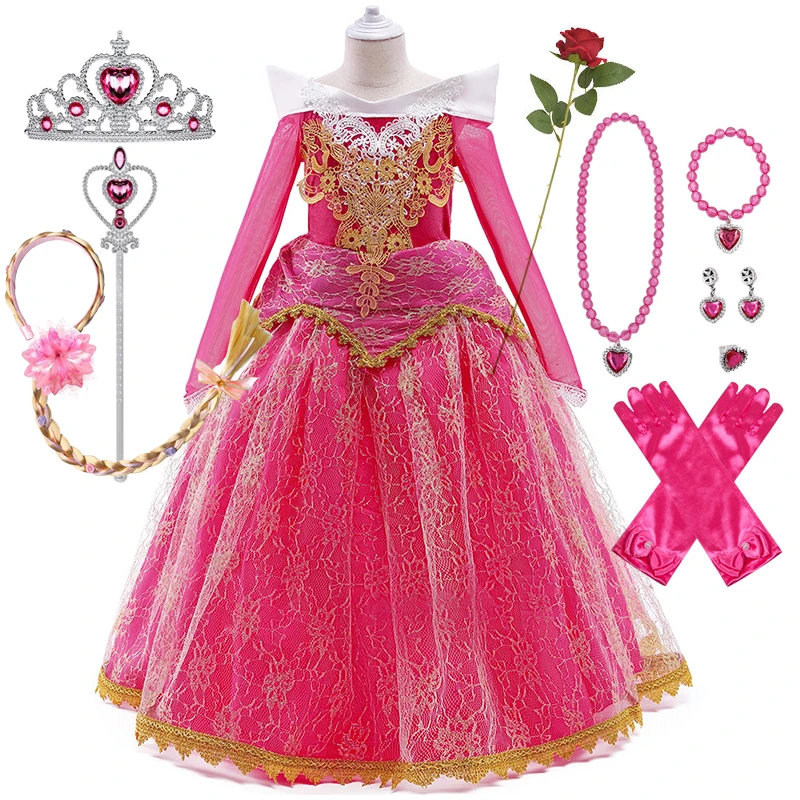 Sleeping Beauty Aurora Princess Dress for Girls Cosplay Costume Off Shoulder Kids Fancy Halloween Party Girl Lace Dress Outfits
