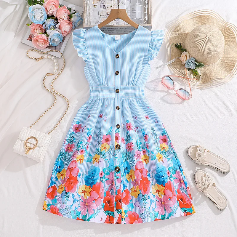 

2024 Summer New Arrival Girls Sleeveless Ruffles Print Floral Sky Blue Cute Dress Infantil Menina Cute Party Dress Custume 8-12T