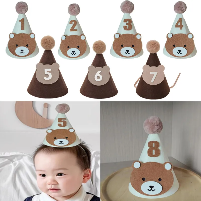 

Cute Bear Baby Birtheday Party Photography Hat Kids Themed Birthday Party Headwear Thick Non-Woven Newborn Photography Props Cap