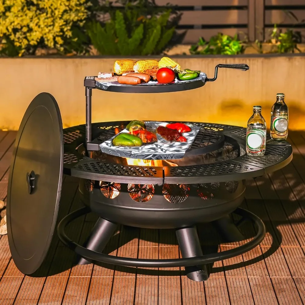 36 Inch Fire Pit with 2 Cooking Grills Outdoor Wood Burning BBQ Firepit for Backyard Patio