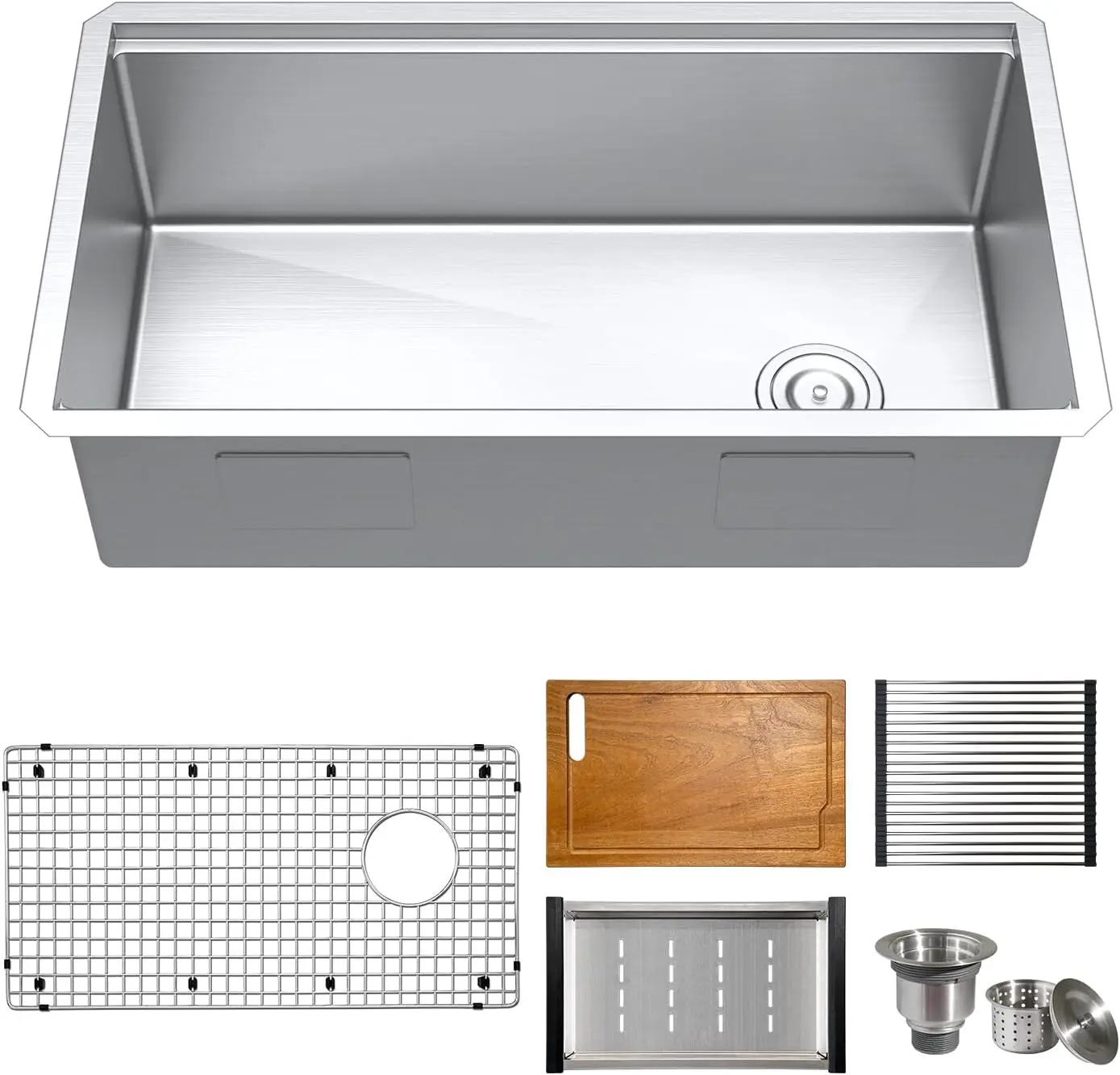 32 inch Workstation Kitchen Sink, Undermount Deep Single Bowl, Stainless Steel with Integrated Ledge and Accessories