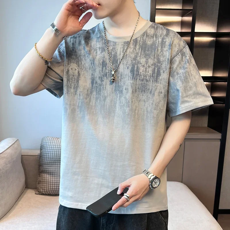 Pure Cotton New Summer Men's Trendy Loose Trendy Brand Student Short-sleeved Tops Five-quarter Sleeve Round Neck T-shirt