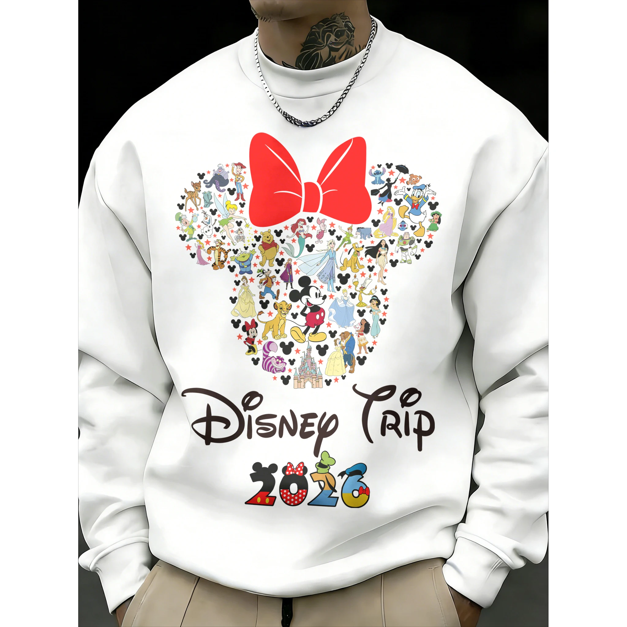 

Мужской свитер с круглым вырезом и принтом «Диснейленд», осень-зима 2026, модный, с начесом, из хлопка, теплый, свободный, повседневный