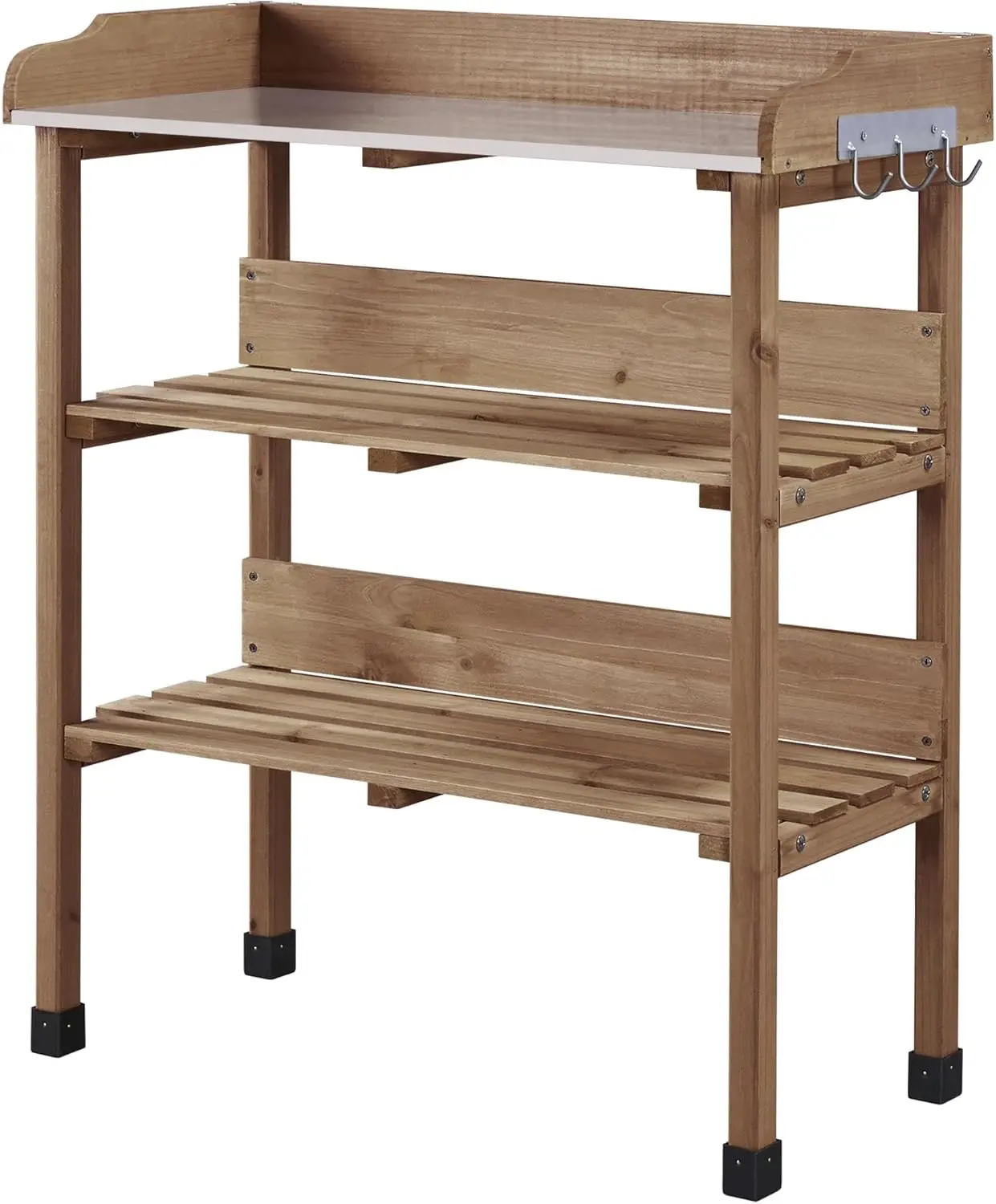 Potting Bench Table w/Metal Tabletop for Garden, Fir Wood Workstation w/3 Tier Shelves, Outdoor Work Bench w/Hook Brown